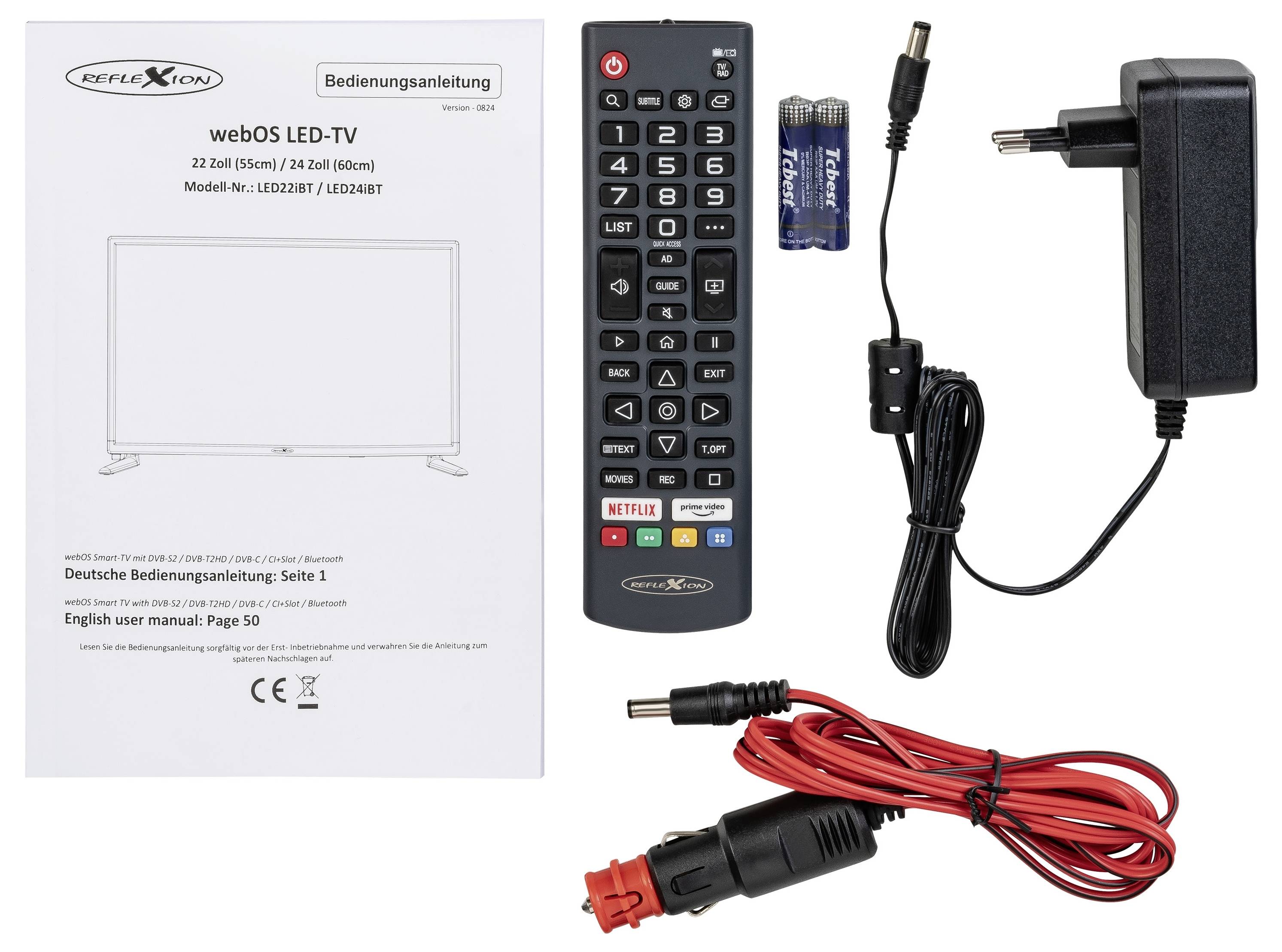 Fernbedienung, Netzteil, Autoladegerät, Batterien und Bedienungsanleitungen für einen webOS LED-TV der Modellreihe LX22BT1/LED2487.