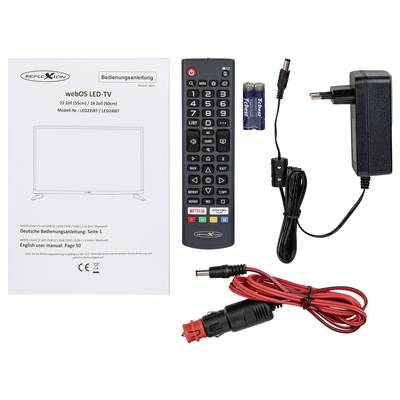 Fernbedienung, Netzteil, Autoladegerät, Batterien und Bedienungsanleitungen für einen webOS LED-TV der Modellreihe LX22BT1/LED2487.