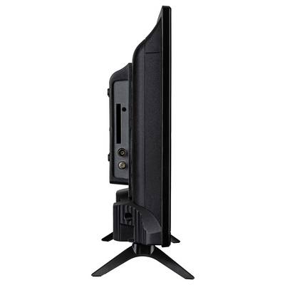Seitenansicht eines schlanken schwarzen Fernsehbildschirms, der verschiedene Anschlüsse für Konnektivität, einschließlich HDMI und USB, auf einem Ständer zeigt.