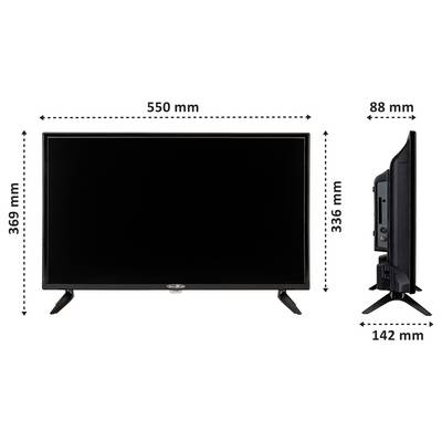 Ein schwarzer Fernseher mit Abmessungen: Breite 550 mm, Höhe 369 mm, Tiefe 88 mm. Die Rückansicht zeigt Anschlüsse. Ständer erheben den Fernseher.