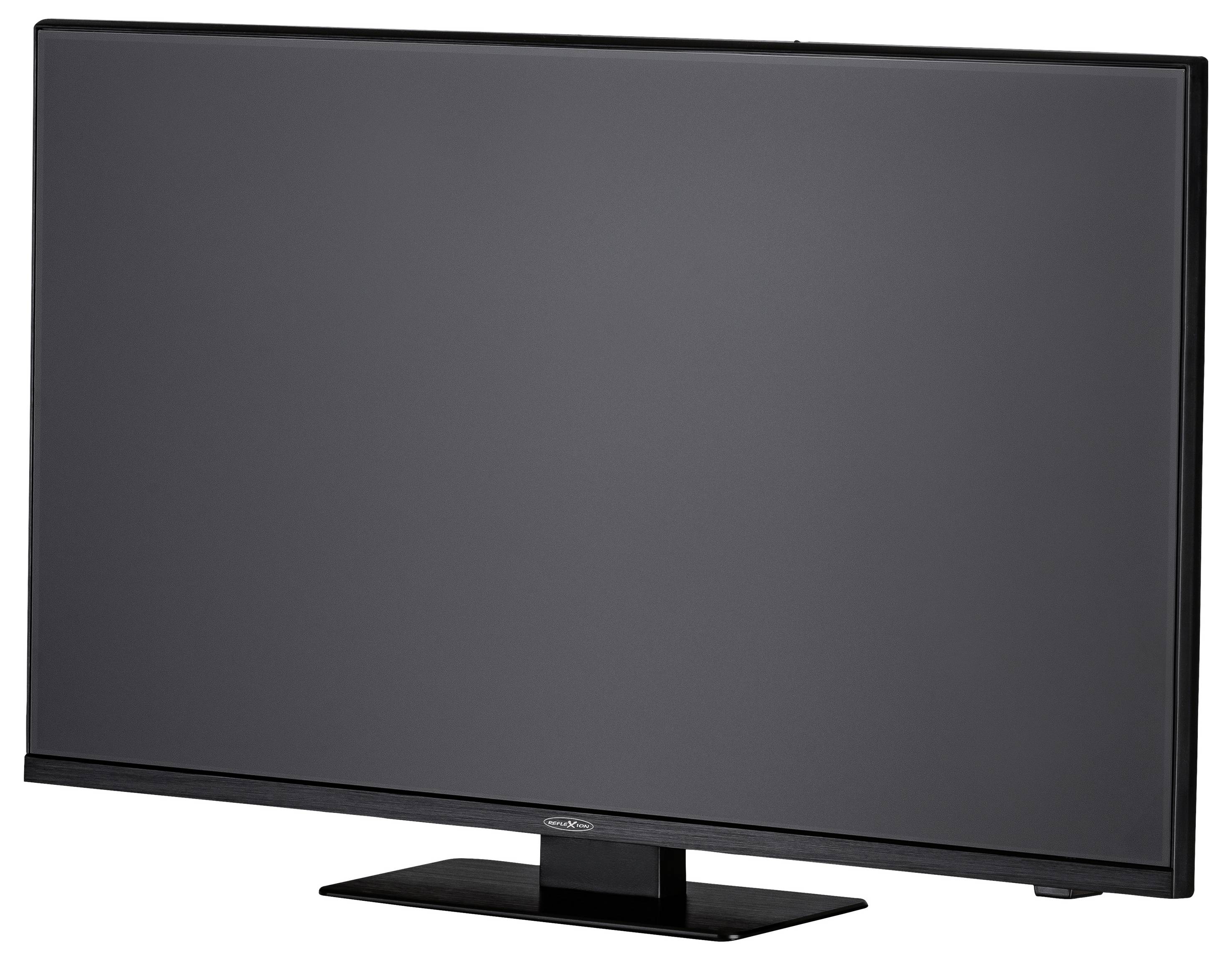 Ein schwarzer Flachbildfernseher mit rechteckigem Bildschirm auf einem Ständer, ausgeschaltet, vor weißem Hintergrund.