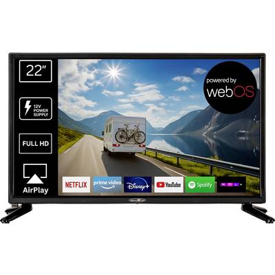 Ein 22-Zoll-HD-Fernseher zeigt eine landschaftliche Straße mit einem Wohnmobil. Icons für Streaming-Apps wie Netflix, Prime Video und Disney+ sind zu sehen.