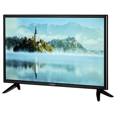 Flachbildschirm-Fernseher zeigt eine malerische See- und Berglandschaft mit einer Inselkirche, die sich in ruhigem Wasser spiegelt.