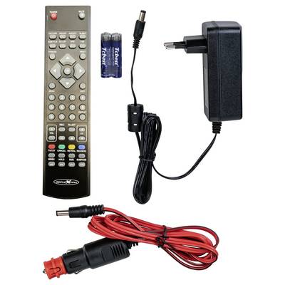 Fernbedienungs-Set mit Batterien, Netzteil für die Wandmontage und 12V-Autolader-Kabel auf weißem Hintergrund.