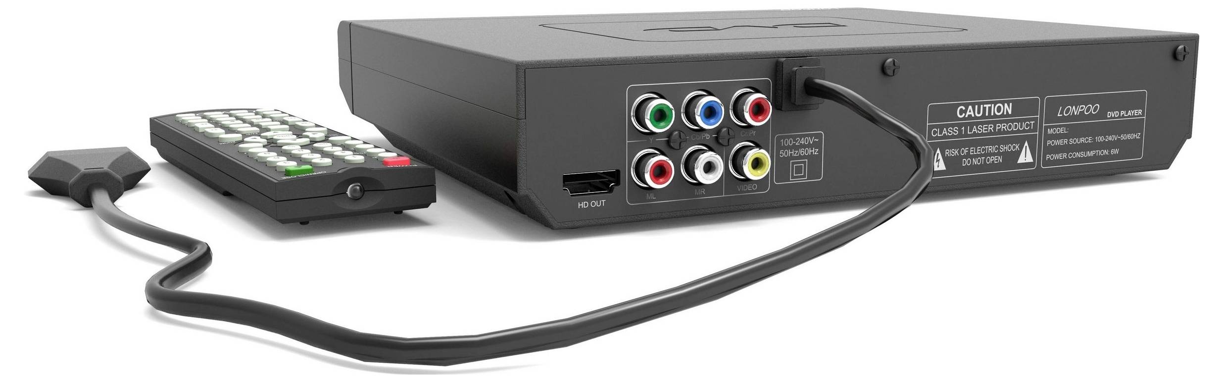 Schwarzes elektronisches AV-Gerät mit sechs farbcodierten RCA-Buchsen auf der Rückseite, verbunden durch ein Kabel mit einer kleinen Fernbedienung mit Tasten.