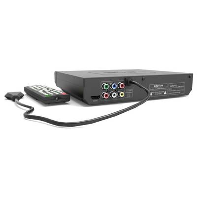 Schwarzes elektronisches AV-Gerät mit sechs farbcodierten RCA-Buchsen auf der Rückseite, verbunden durch ein Kabel mit einer kleinen Fernbedienung mit Tasten.