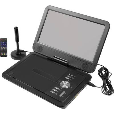 Tragbarer DVD-Player mit aufgeklapptem Bildschirm, Steuerknöpfen, angeschlossenem Kabel, Fernbedienung und kleiner Antenne daneben.