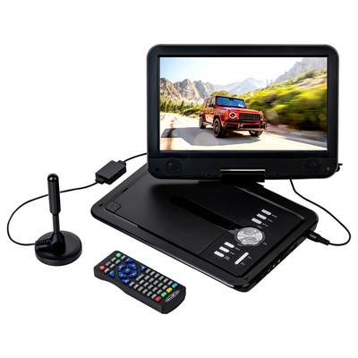 Tragbarer DVD-Player mit Bildschirm, auf dem ein roter Jeep auf einer Bergstraße fährt, mit Fernbedienung, Antenne und angeschlossenen Stromkabeln.