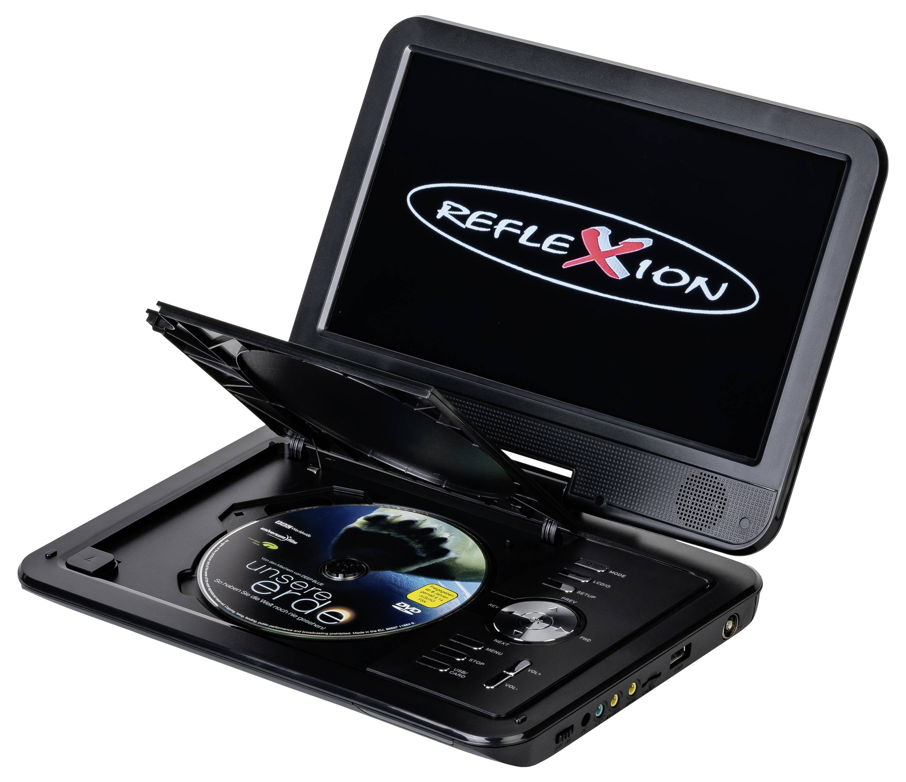Tragbarer DVD-Player offen mit einer Disc im Inneren; der Bildschirm zeigt das Logo "Reflexion" an.