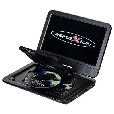 Tragbarer DVD-Player offen mit einer Disc im Inneren; der Bildschirm zeigt das Logo "Reflexion" an.