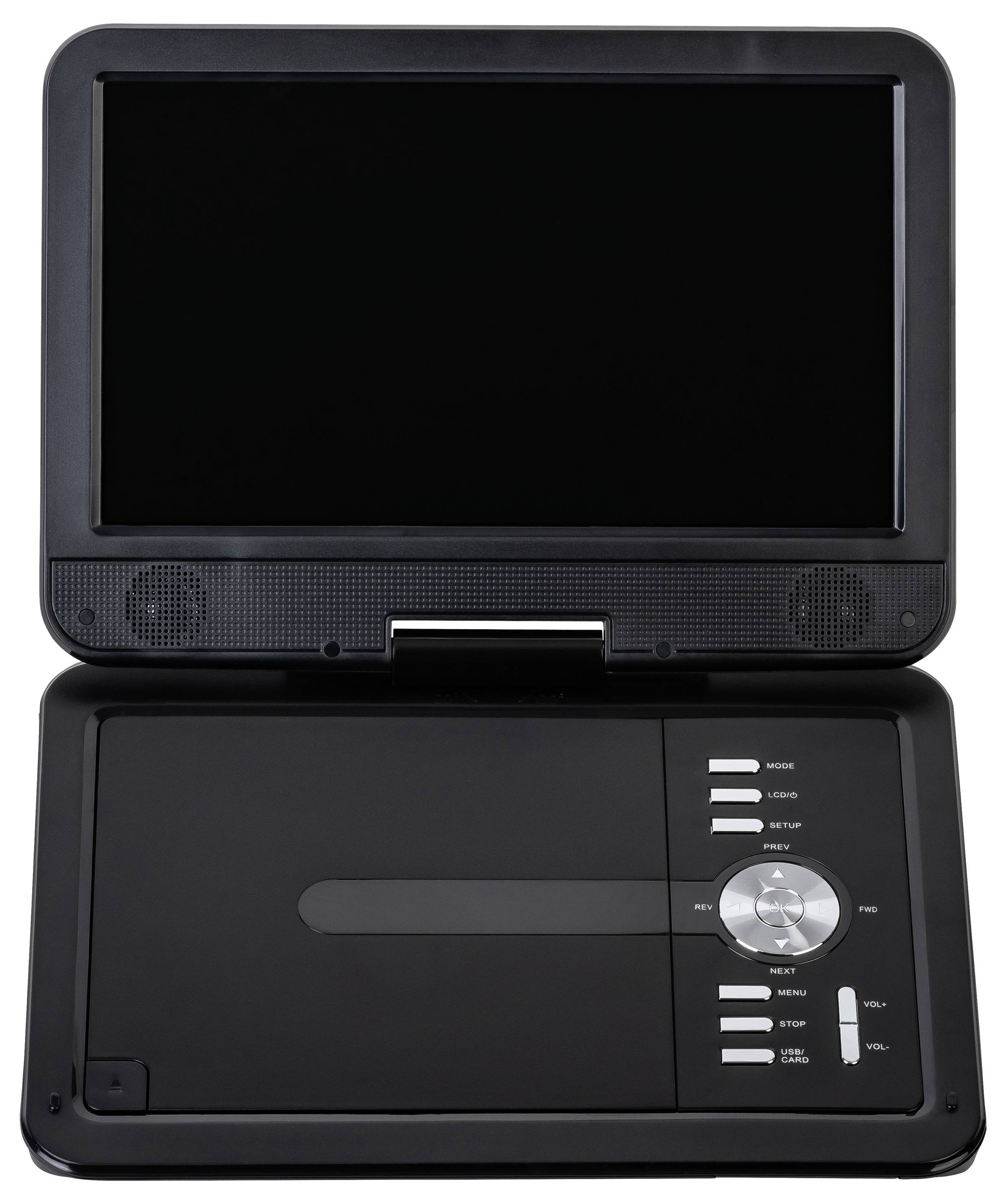 Tragbarer DVD-Player mit aufklappbarem Display über einem Disc-Laufwerk und Steuertasten auf der unteren Basis.