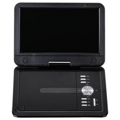 Tragbarer DVD-Player mit aufklappbarem Display über einem Disc-Laufwerk und Steuertasten auf der unteren Basis.