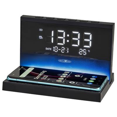 Schwarze digitale Wecker-Dockingstation zeigt 12:33, Datum 18-21 und 88°C an, während sie ein Smartphone auf ihrer Basis lädt.