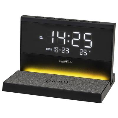 Schwarze digitale Wecker mit drahtlosem Ladegerät, zeigt 14:25, Datum 18-23 und 28°C auf dem Display.