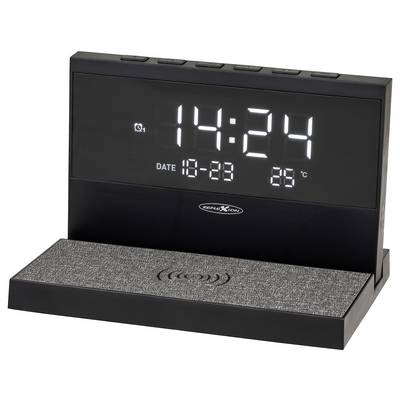 Digitale Wecker zeigen 14:24 Uhr, Datum 18-23 und 28°C an, mit einer kabellosen Ladebasis davor.