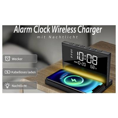 Werbeabbildung eines digitalen Wecker-Laders mit kabellosem Ladepad und Nachtlicht; Display zeigt 10:08, 10-20 und 68 °F.