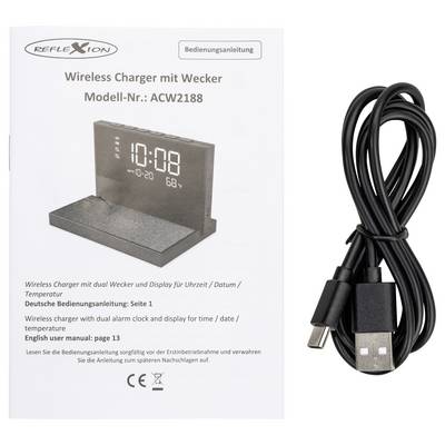 Produktbild: Bedienungsanleitung zum Wireless Charger mit Wecker Modell ACW2188 und daneben ein USB-Ladekabel.