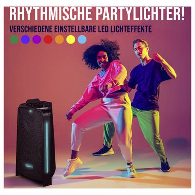 Werbung für den Rhythmuslautsprecher 'RHYTHMISCHE PARTYLICHTER!' mit einstellbaren LED-Lichteffekten; zwei tanzende Personen neben dem Lautsprecher.