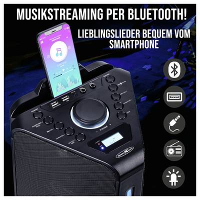 Werbegrafik eines tragbaren Lautsprechers mit Smartphone: 'Musikstreaming per Bluetooth!' und 'Lieblingslieder bequem vom Smartphone'; Symbole für Bluetooth, USB, Kabel, Radio und Beleuchtung.