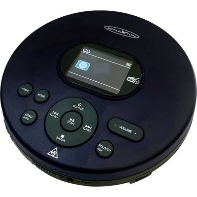 Ein schwarzer tragbarer CD-Player mit einem kleinen Display, auf dem 'CD' angezeigt wird, Bedienungstasten für Sender, Lautstärke und Quelle sowie einem Drehregler für die Menünavigation.