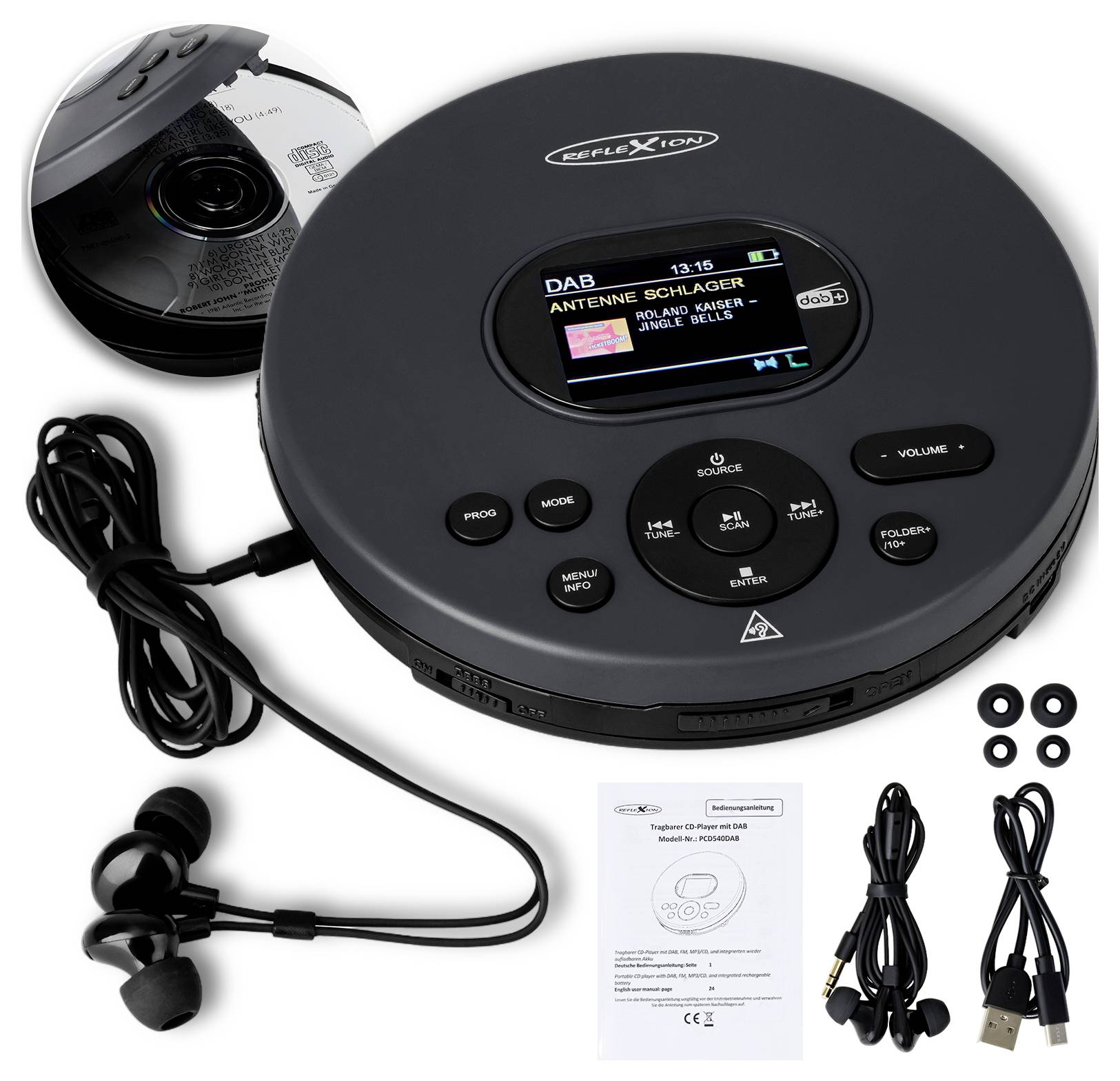 Tragbarer CD-Player mit DAB-Radio, zeigt das Gerät, Ohrhörer, USB-Kabel, Stromkabel, Bedienungsanleitung und eine CD in der Verpackung.