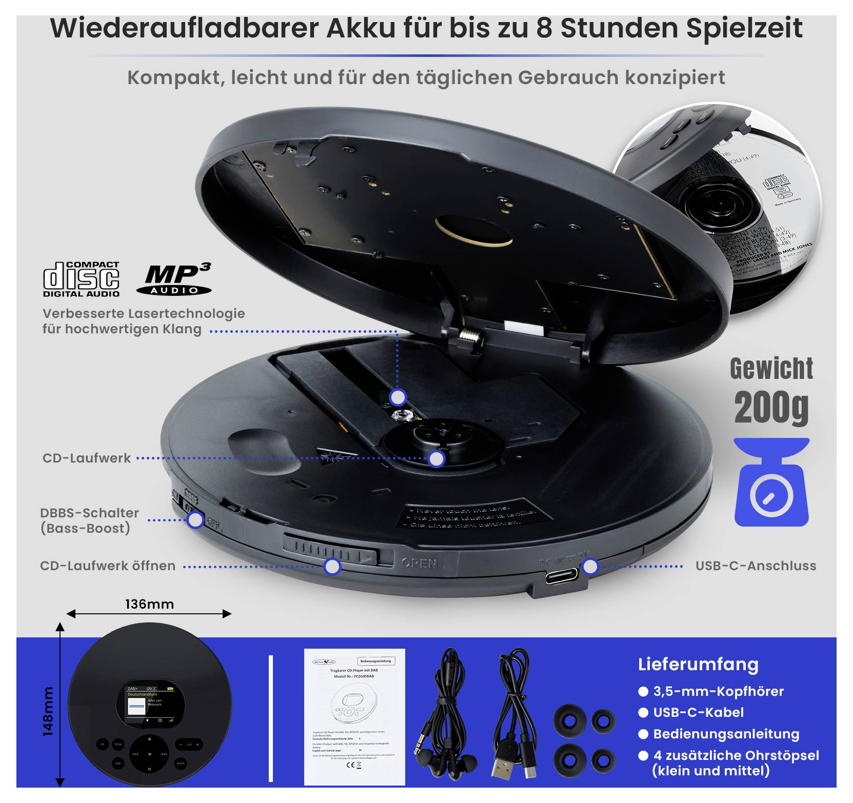 Werbegrafik für einen tragbaren CD-Player mit wiederaufladbarem Akku für bis zu 8 Stunden Spielzeit; zeigt Funktionen wie DBBS-Bass-Boost, USB-C und Gewicht 200 g.