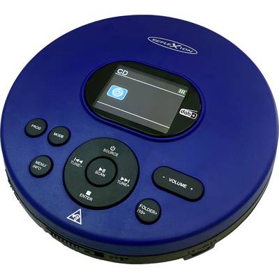 Ein blauer tragbarer CD-Player mit einem CD-Symbol auf seinem kleinen Display, ausgestattet mit Tasten für Wiedergabe, Menü, Modus, Quelle und Lautstärkeregelung.