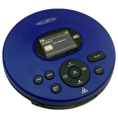 Tragbarer blauer CD-Player mit digitaler Anzeige, die 'FM 87,50 MHz' zeigt. Ausgestattet mit Tasten für Lautstärke, Sender und Modustauswahl.