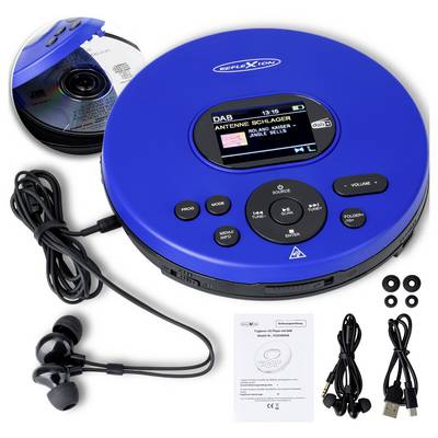 Tragbarer blauer CD-Player mit Display und Bedienelementen, gezeigt mit Kopfhörern, Ladekabel, USB-Kabel, Bedienungsanleitung und Disc in der Verpackung.
