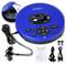 Tragbarer blauer CD-Player mit Display und Bedienelementen, gezeigt mit Kopfhörern, Ladekabel, USB-Kabel, Bedienungsanleitung und Disc in der Verpackung.