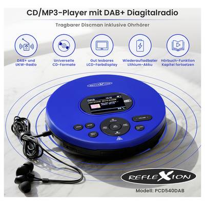 Blauer tragbarer CD/MP3-Player mit DAB+-Digitalradio, LCD-Display und Kopfhörern; beworben mit Akku, UKW-Radio und Hörbuchfunktion.