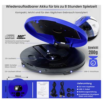Tragbarer CD-Player mit aufklappbarem Deckel, 8 Stunden Akku, 200 g Gewicht, USB-C-Anschluss und Lieferumfang mit Kabel, Anleitung und Ohrstöpseln.