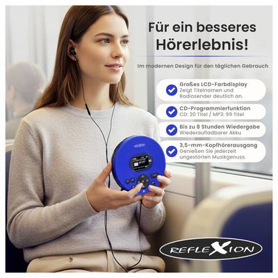 Werbefoto: Frau hört mit Kopfhörern Musik über einen blauen tragbaren CD-Player; Text hebt großes LCD-Display, CD-Programmierung, bis zu 8 Stunden Akku und 3,5-mm-Kopfhörerausgang hervor.