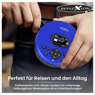 Hand hält einen blauen tragbaren CD-Player mit Display und Tasten; Werbetext: 'Perfekt für Reisen und den Alltag' sowie 'Verbessertes Anti-Schock-System'.