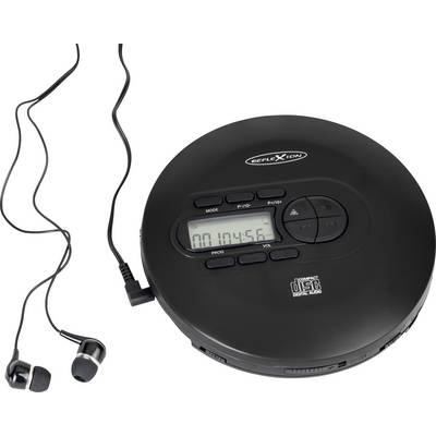 Schwarzer tragbarer CD-Player mit Kopfhörern und Display, das Zeit und Wiedergabemodus anzeigt.