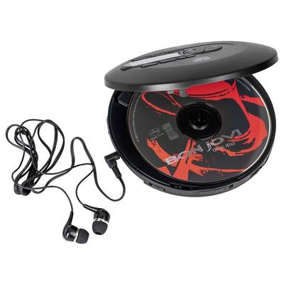 Ein tragbarer CD-Player mit geöffneter CD mit rotem Design und Kopfhörern daneben.