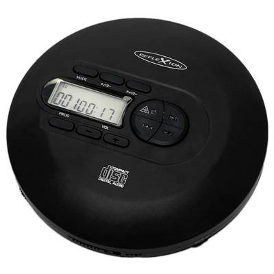 Ein tragbarer CD-Player auf weißem Hintergrund. Das Display zeigt '00:00:17'. Tasten für Wiedergabe, Stopp und Lautstärke sind erkennbar.