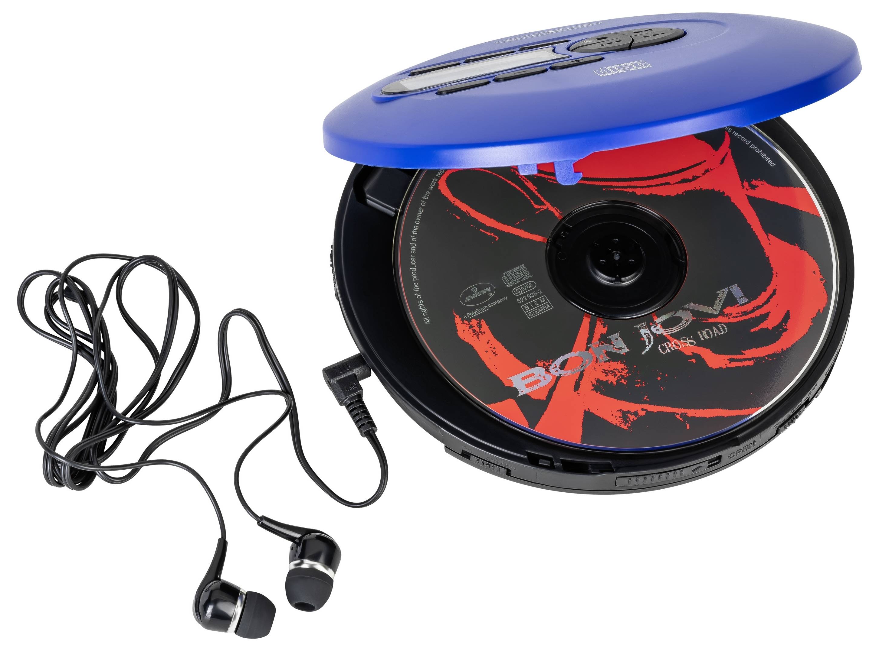 Tragbarer CD-Player im blauen Gehäuse mit offener Abdeckung zeigt eine CD. Daneben liegen schwarze Ohrhörer mit Kabel.