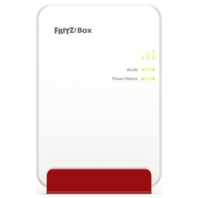 FRITZ!Box Router mit leuchtenden WLAN- und Power/Mobile-Anzeigen auf weißem Gehäuse, rote Basis, leuchtende grüne Linien.