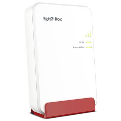 Weiße FRITZ!Box mit leuchtenden WLAN- und Power/Mobile-Anzeigen. Aufrecht stehend auf rotem Sockel.