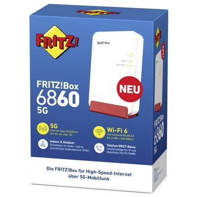 Weiße FRITZ!Box 6860 5G auf blauem Hintergrund. Texte zu 5G, Wi-Fi 6 und IP54 Schutz. Roter 'NEU'-Button. Verpackung zeigt Funktionen.
