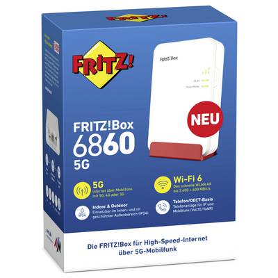Eine Verpackung zeigt die FRITZ!Box 6860 5G mit Funktionen wie 5G-Unterstützung, Wi-Fi 6, Telefon-Basis und Indoor/Outdoor-Nutzung.