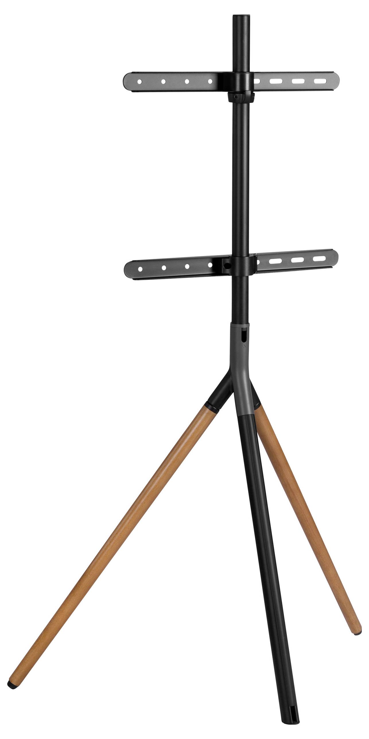 Ein eleganter TV-Ständer mit schwarzem Metallrahmen und dreibeiniger Holzunterstützung, geeignet für moderne Wohnräume.