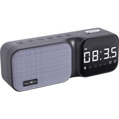 Schwarzer digitaler Radiowecker mit LED-Anzeige zeigt '08:35' an. Tasten zur Steuerung oben. Lautsprecher auf der linken Seite.