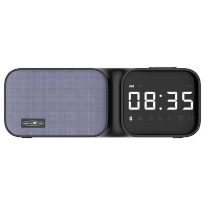 Wecker mit blauem Lautsprecher und digitaler Anzeige, die '08:35' sowie Symbole für Bluetooth und Weckfunktionen zeigt.