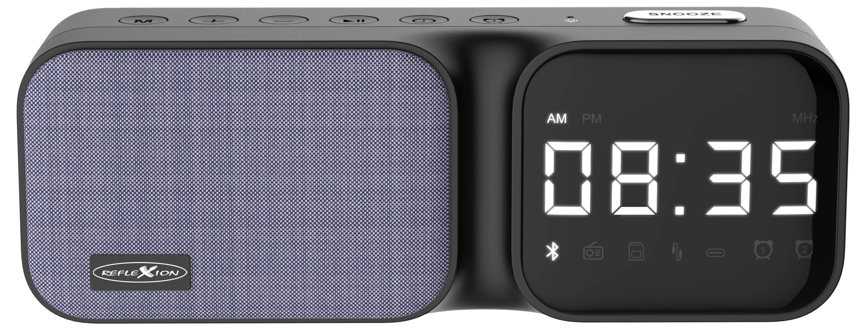 'Digitaler Funk-Wecker mit Bluetooth-Lautsprecher. Anzeige zeigt 08:35 AM. Tasten oben für verschiedene Funktionen.'