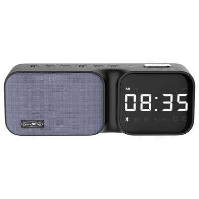 'Digitaler Funk-Wecker mit Bluetooth-Lautsprecher. Anzeige zeigt 08:35 AM. Tasten oben für verschiedene Funktionen.'