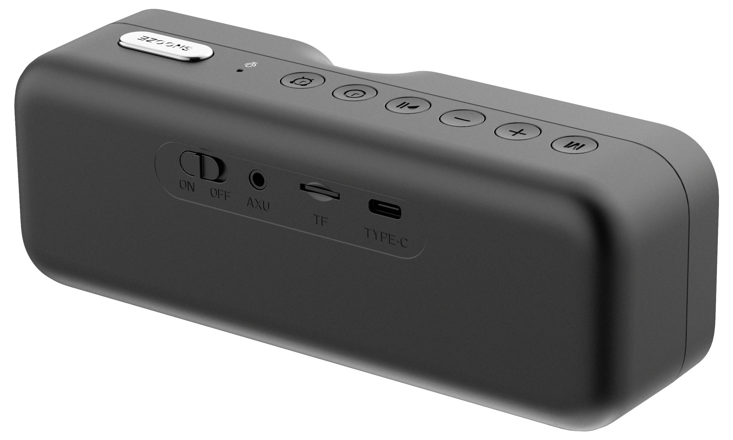 Tragbarer schwarzer Lautsprecher mit Knöpfen oben für Wiedergabe, Pause, Lautstärke und Modus. Rückseite zeigt Anschlüsse für Strom und Audio.