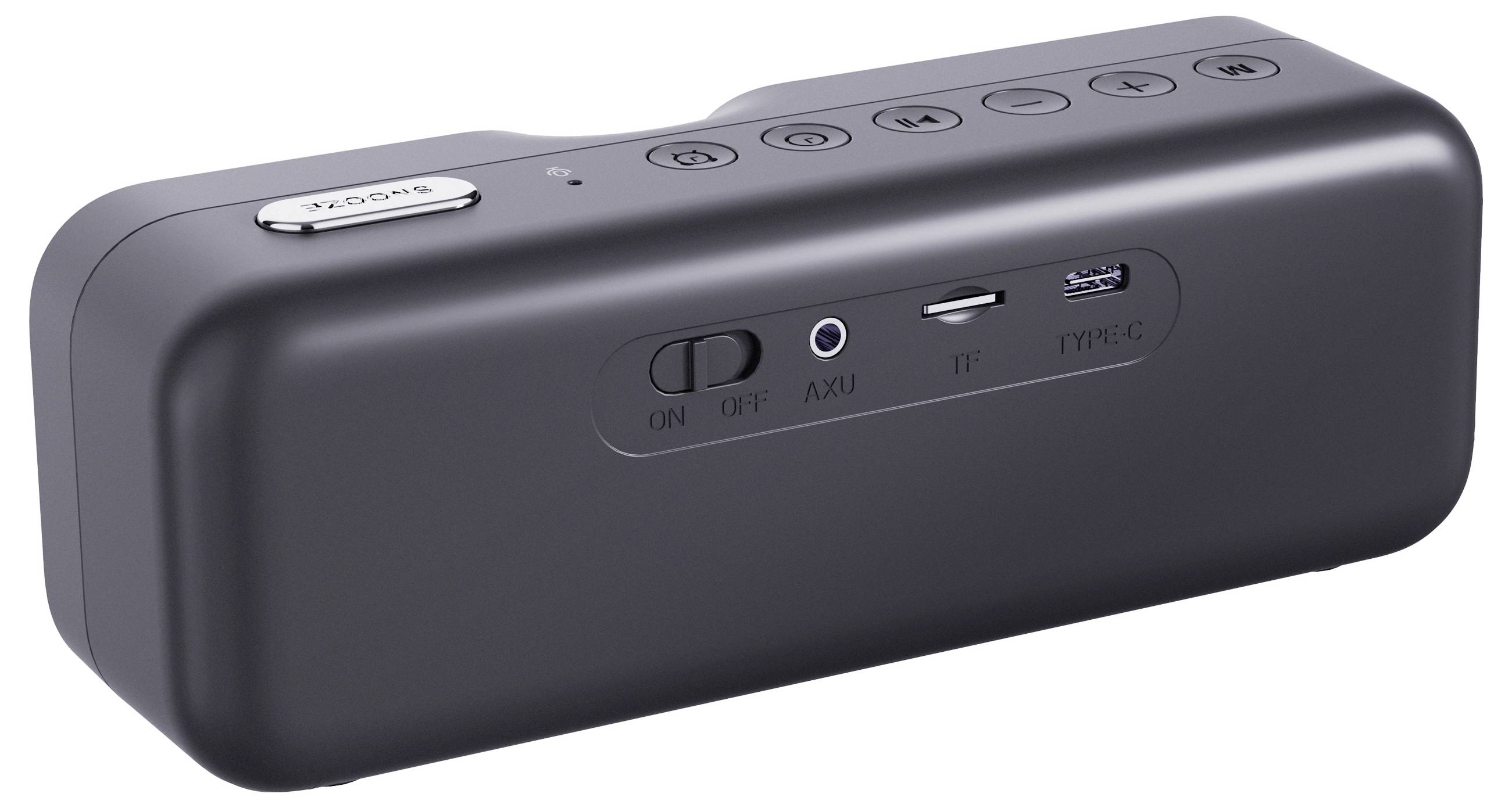 Schwarzer tragbarer Lautsprecher mit Bedientasten oben, seitlichem Ein/Aus-Schalter, AUX-Anschluss, microSD-Kartenslot und USB-C-Ladeanschluss.