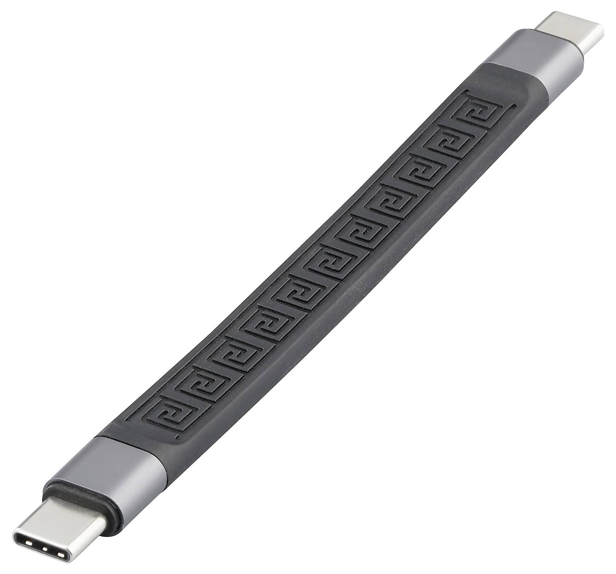 Ein schwarz-graues USB-C-Kabel mit geometrischem Muster auf der Oberfläche, zeigt Anschlüsse an beiden Enden, passend für Datenübertragung.